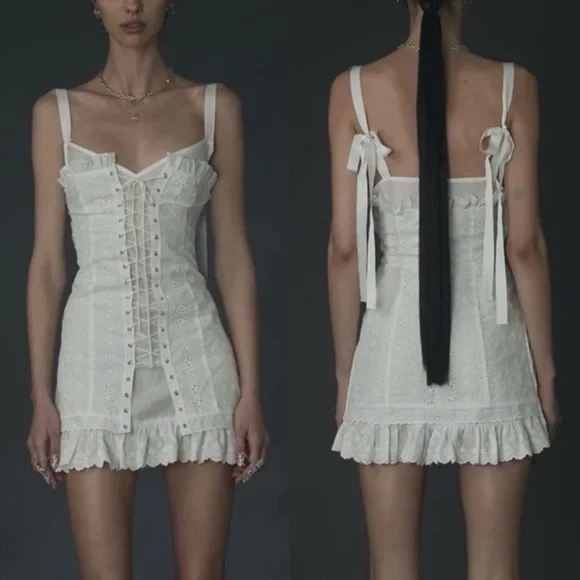 Lace-Up White Eyelet Mini Dress - Picture 1 of 15